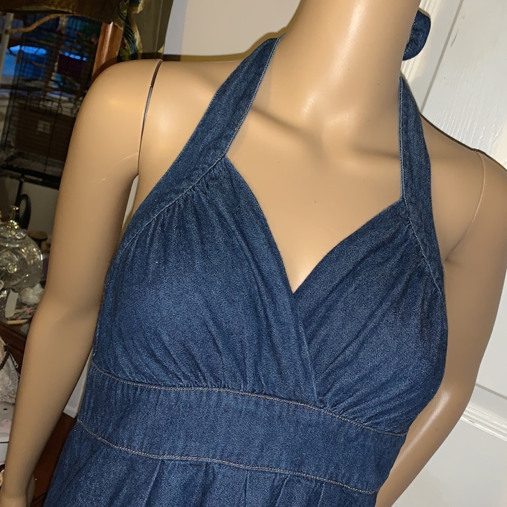 Y2K backless halter ruffle blue Denim mini dress sundress S
